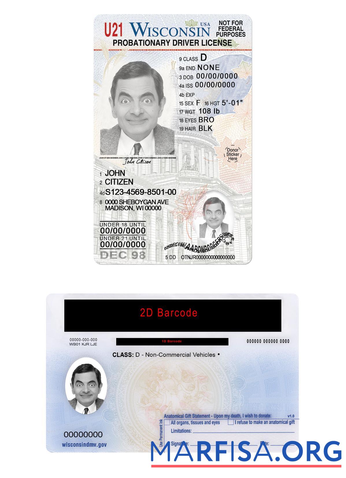 Blank USA Wisconsin driving license under 21 download for verification